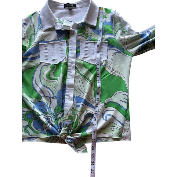A.Z.I. Womens Top Long Sleeve Button Up Green Blue Floral Print Artsy Size M NEW - Picture 6 of 8